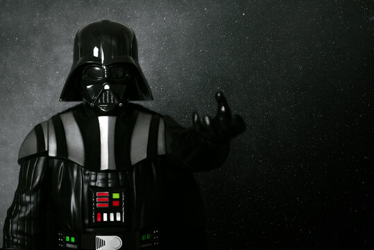 Darth Vader action figure character from the Star Wars movie saga and space for text. Illustrative editorial