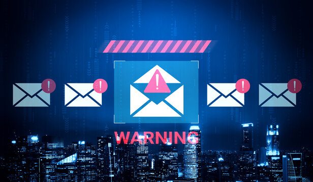 This graphic depicts a warning symbol alongside email icons, illustrating cybersecurity alerts in a digital cityscape, emphasizing the importance of staying informed and secure. Gantry