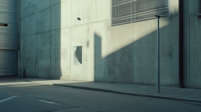 Concrete wall creating an imposing urban environment, contrasting light and shadow emphasizing its brutalist architecture and minimalist geometry of city spaces