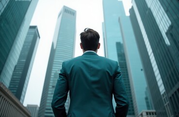 Fototapeta premium Man in suit stands looking up at tall city buildings. Business professional faces modern skyscrapers. Urban skyline view, career ambition. Success concept.