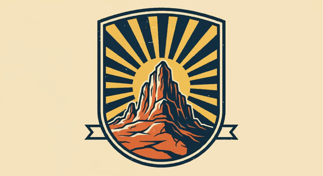 Mountain peak silhouette emblem with rising sun and ribbon element