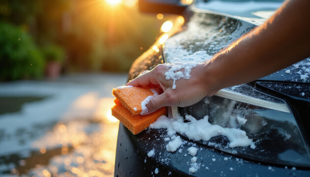 Person washes car bumper with foam sponge in sunlight. Automotive care and cleaning task. Home driveway detailing routine. Shining vehicle exterior with soap.