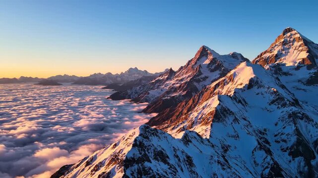 Stunning sunrise above cloud inversions and majestic snow-capped mountains