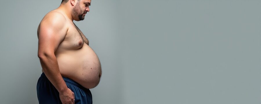 Overweight man looks down at large belly. Unhealthy guy shows excess fat accumulation around midsection. He stands shirtless wearing blue shorts with copy space.