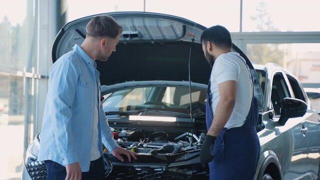 Mechanic explaining car engine problem to customer in auto repair shop