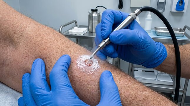 Gloved hands applying liquid nitrogen cryotherapy to skin lesion, dermatology macro procedure