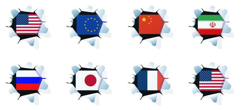 Vector illustration of world flags breaking through a wall: Clean paths, editable with copy space
