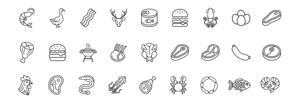 set of outlined food icons including meat, seafood, poultry, canned fish, burger, barbecue, and eggs on transparent background