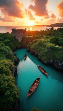 Ancient stone tower ruins on a cliffside above a tranquil turquoise lagoon with wooden boats. Lush green vegetation covers surrounding hillsides under a vibrant sunset sky over the ocean.
