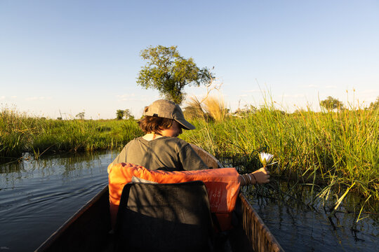 child in traditional makoro boat, navigating the Okavango Delta, Botswana, Africa