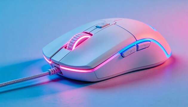 Wireless white gaming mouse with rgb lighting on blue background