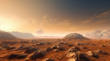 Fototapeta premium Terrestrial planet surface with rugged rocky terrain stretching to the horizon under a vast orange sky, twin moons rising above a remote, alien desert landscape