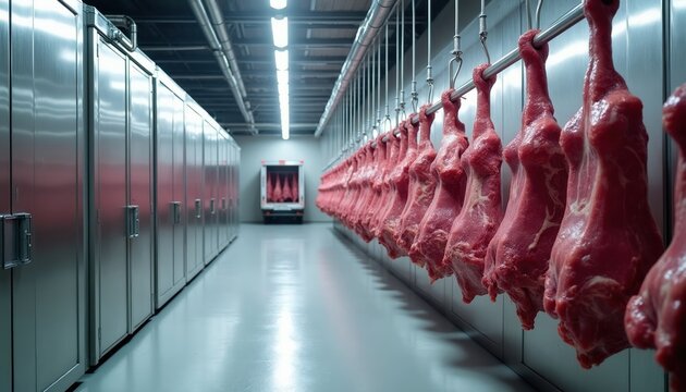 Row of raw meat carcasses hangs on hooks in industrial cold storage. Metal cabinets line one wall of long, lit corridor. Truck waits at far end.