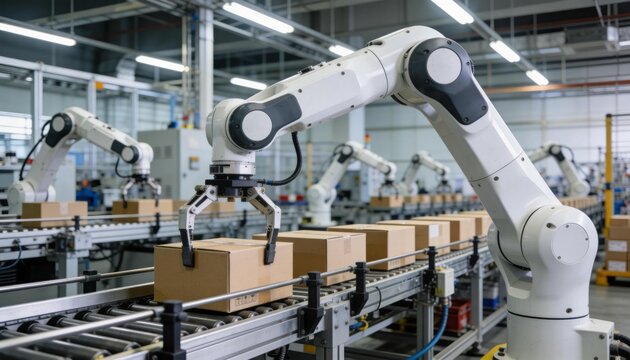 Robotic arms sorting packages on conveyor belt in modern warehouse automation
