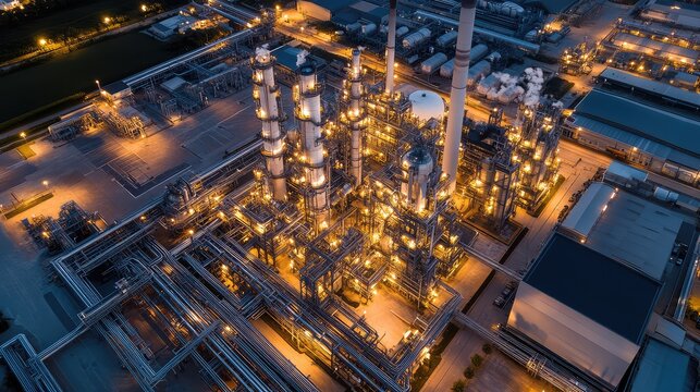 Oil refinery at night processing energy in chemical plant