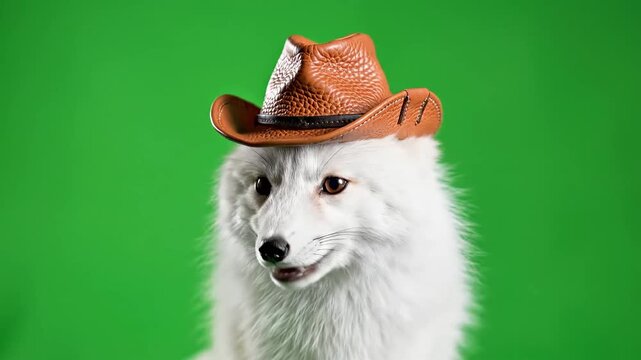 A fluffy white arctic dog wearing a small brown cowboy hat against a vibrant green background.