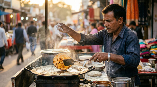 Indian Man Cooking Traditional Flatbread on Griddle at Busy Street Food Stall