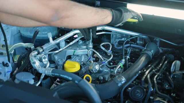 Mechanic using a socket wrench to repair a modern car engine