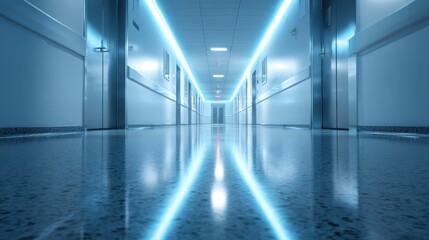 Fototapeta premium Empty hospital corridor bathed in cool neon blue lighting with soft background blur