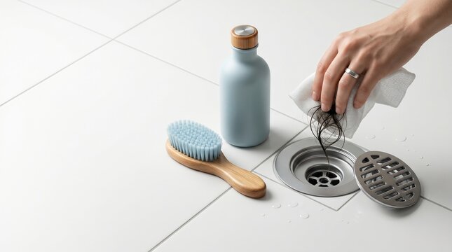 Woman wiping excess hair from wet bathroom shower drain. Plumbing maintenance and clogged pipe prevention. Home hygiene and daily cleaning routine with cloth and cosmetic product bottle.