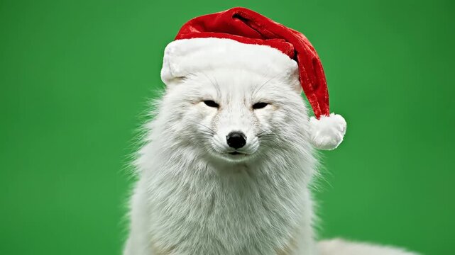 An arctic fox with white fur and closed eyes wears a red Santa hat against a vibrant green background.