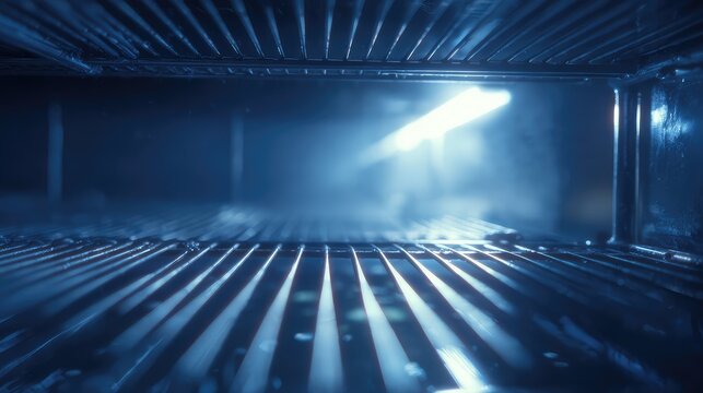 Empty refrigerator interior showing the cold blue light and rising mist from the metal shelves, creating a feeling of scarcity and a need for restocking groceries