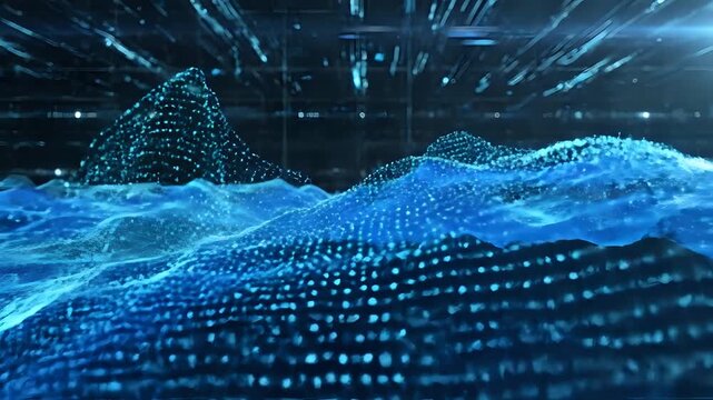 Abstract Blue Digital Waveform Data Flow Visualization.