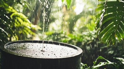 Obraz premium Rainwater collecting in a garden barrel among lush tropical foliage, showcasing sustainable water preservation, eco friendly conservation, and the humid, refreshing monsoon atmosphere