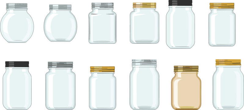 Set of Glass Jar Illustrations Featuring Various Shapes and Lid Designs Including Round Square and Mason Jars for Kitchen Food Storage and Organization Graphic Projects