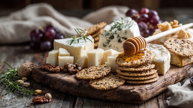 Gourmet cheese and cracker spread on a rustic wooden board with grapes and nuts