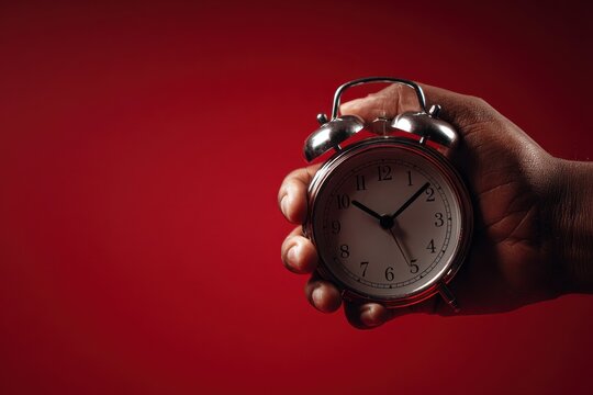 Hand holding a classic analog alarm clock against a bold red background, symbolizing time and urgency