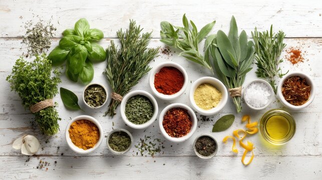 Fresh herbs paired with spice cups creating a vibrant kitchen flat lay scene