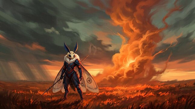A fragile warrior standing against an inevitable storm. It evokes a feeling of quiet defiance and the heavy burden of guardianship amidst a world being consumed by a fiery, turbulent sunset