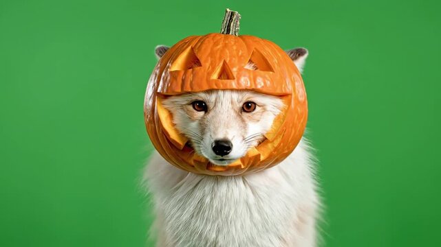 A white fox wearing a carved jack-o'-lantern pumpkin on its head against a green background.
