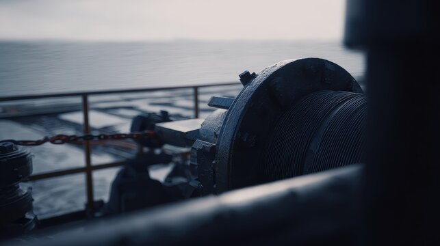 Heavy duty winch machinery with coiled cable and rust colored chain on an offshore drilling platform, focusing on industrial operations against a calm sea horizon
