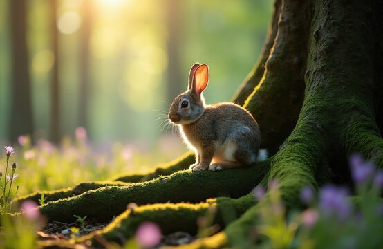 Small brown rabbit sits on moss covered tree roots in a sunlit forest. Wild animal with big ears looks alert among purple wildflowers. Nature scene with soft light.