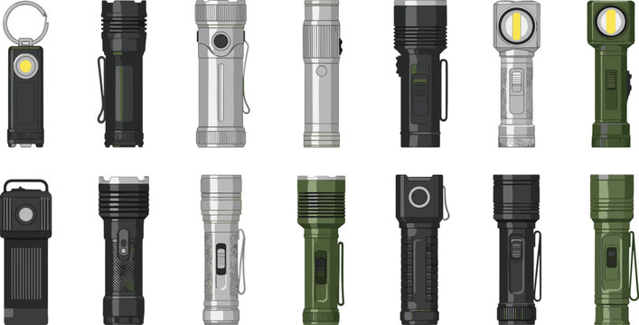 Set of Tactical Flashlight Illustrations Featuring Portable LED Torches in Various Designs Including Keychain Headlamp and Pocket Lights for Camping Outdoor and Emergency Graphic Designs