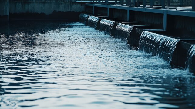Water treatment facility showing multiple horizontal chambers with a dark blue tone, creating a series of small waterfalls and generating foam, indicating active processing of resources