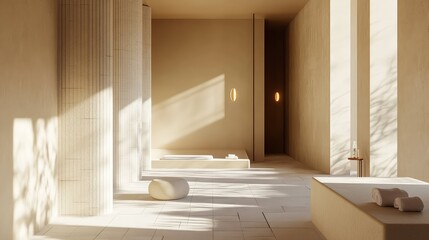 Naklejka premium Modern wellness center interior offering a calming environment with minimalist design, soft light and shadow play, soothing colors, and essential elements for relaxation and luxury