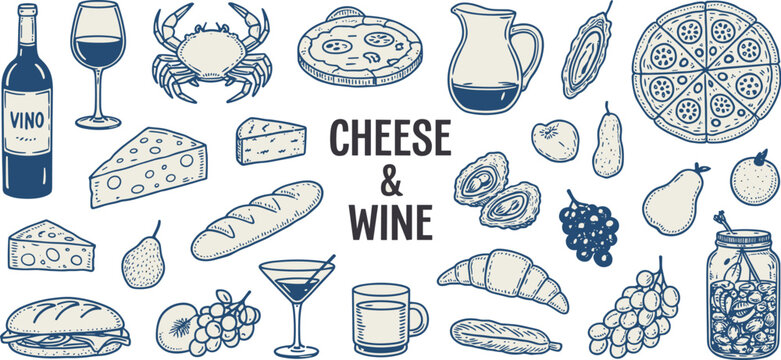 Hand drawn cheese wine and food with text cheese and wine drink vintage