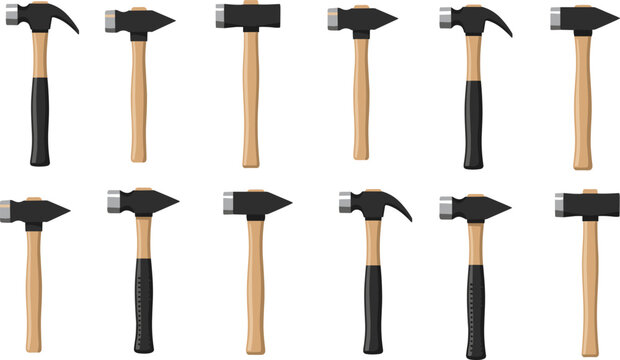 Set of Hammer Illustrations Featuring Various Types Including Claw Ball Peen and Sledge Hammer with Wooden Handles for Carpentry Construction and Hand Tool Graphic Designs