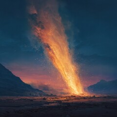 Fototapeta premium Cinematic fireball burst: orange flames, embers and debris in twilight