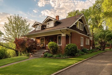 Obraz premium Cozy Hilltop Craftsman House on a Sloping Lot with Mature Trees