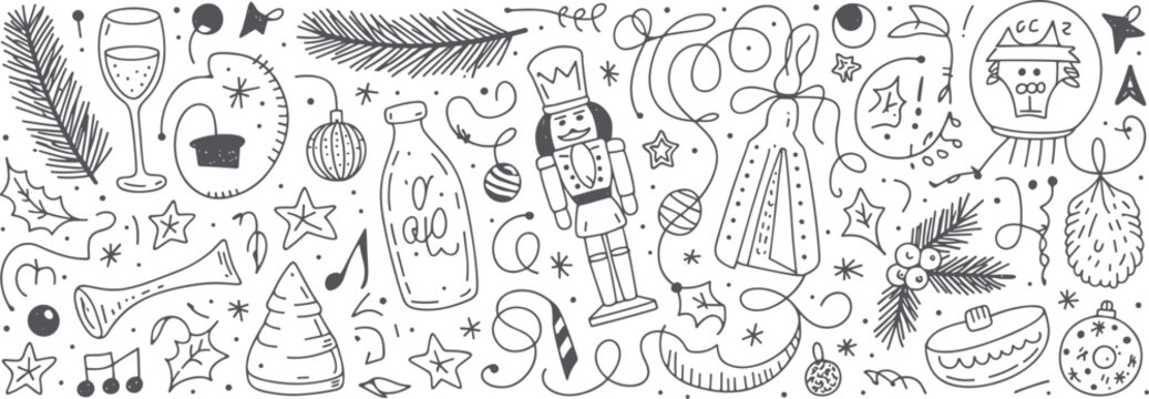 Hand drawn doodle christmas and new year with nutcracker and champagne glass