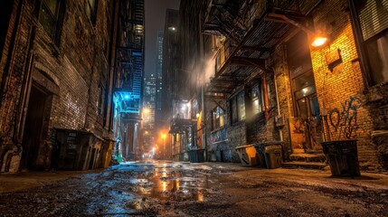 Fototapeta premium Dark, rain-soaked alley at night in downtown Chicago with brick walls and distant neon glow
