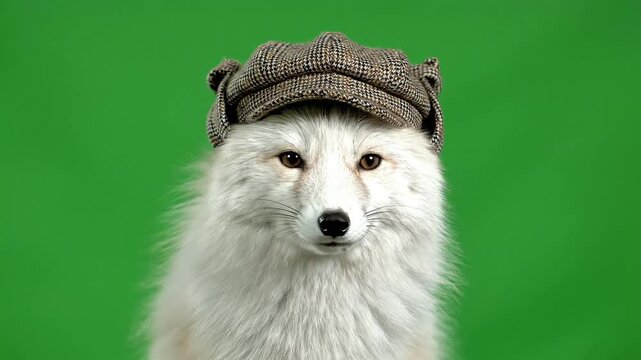 Close-up of a majestic white arctic fox wearing a stylish brown tweed cap against a vibrant green background.