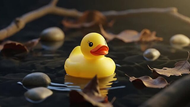 a yellow rubber duck sitting in water.