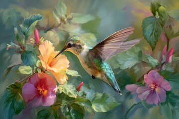 Fototapeta premium Colorful hummingbird among blooming flowers in a sunlit garden watercolor illustration