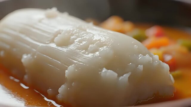 Closeup of a delicious traditional African dish with fufu and stew.