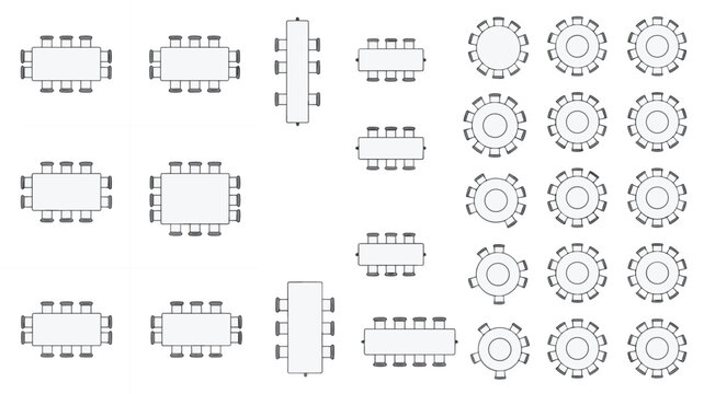 View collection of various table and chair arrangements for event planning and interior seating layout